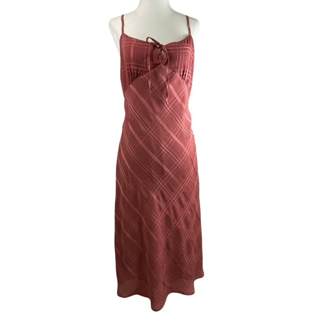 Forever 21 Womens Terracotta Plaid Textured Midi Slip Dress Tie Front Size M